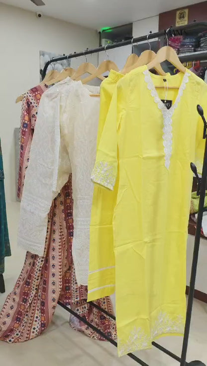 Yellow Cotton Suit Set with Chicken Lace Work Kurti Pant and Malmal Dupatta for Women