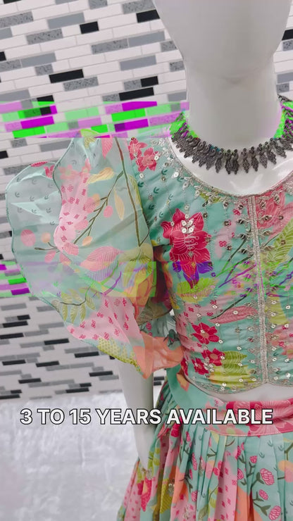 Girls’ Heavy Fox Georgette Lehenga Choli with Digital Print and Sequins Embroidery – Stitched Kids Ethnic Wear