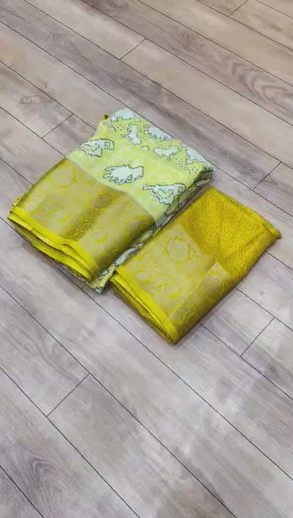 Premium Crepe Silk Printed Saree with Weaving Viscose Border and Running Blouse