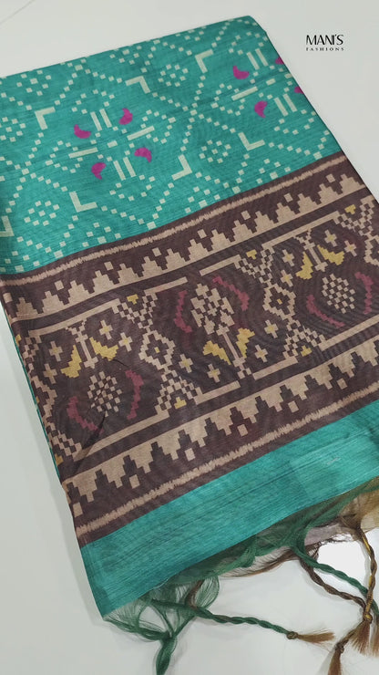 Soft Raw Silk Ikat Print Saree with Tassel Border and Contrast Blouse Piece