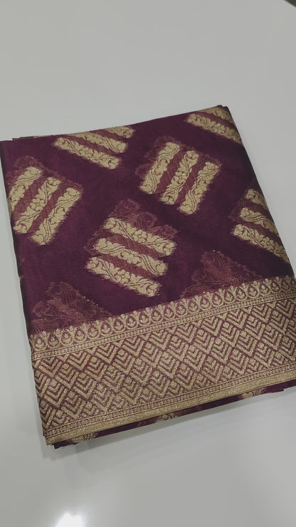 Organza Silk Zari Weaving Saree with Golden Butties, Silver Zari Pallu & Brocade Blouse