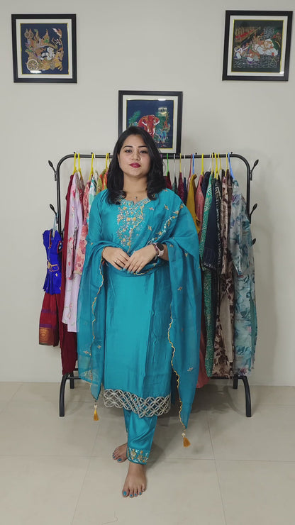 Milan Silk Handworked Kurta Pant Dupatta Set with Embroidered Organza Dupatta – Sizes M to XXL