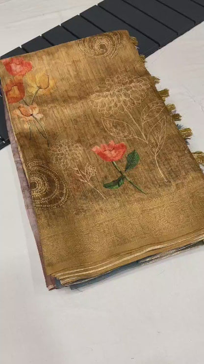 German Silk Saree with Super Weaves, Digital Print and Printed Blouse – Festive Wear for Women