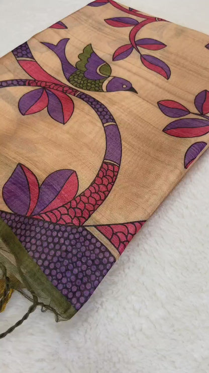 Soft Tussar Silk Printed Saree with Contrast Blouse, Tassels, and Designer Pallu