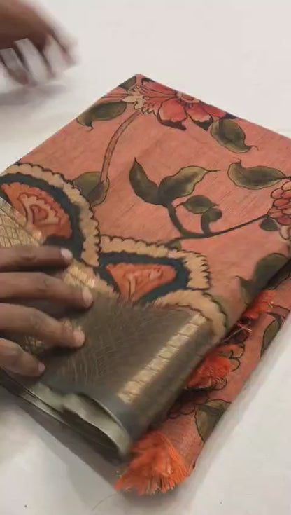 Tussar Silk Saree with Hand-Painted Style Kalamkari Print, Zari Border, and Contrast Blouse