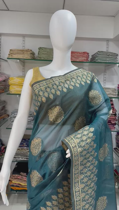 Organza Silk Zari Weaving Saree with Golden Butties, Silver Zari Pallu & Brocade Blouse