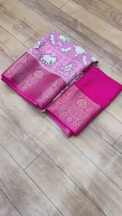 Premium Crepe Silk Printed Saree with Weaving Viscose Border and Running Blouse