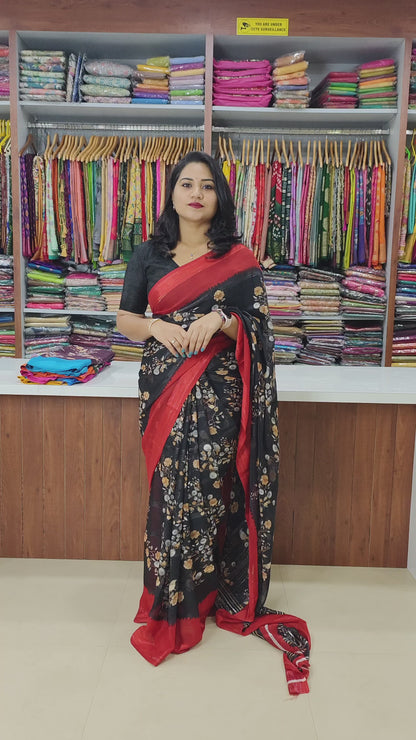 Chiffon Jari Saree with All-Over Floral Print & Contrast Printed Border – Blouse Options Available