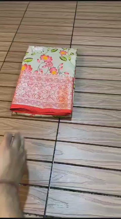 Kalamkari digital print Viscose Saree with weaving zari and gold viscose border.