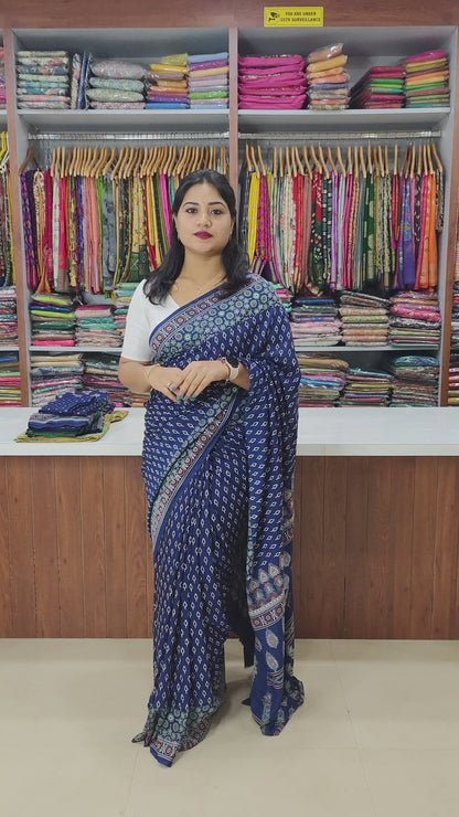 Semi Modal Silk Saree with Hand Block Prints and Contrast Blouse for Women