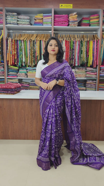 Soft Tussar Silk Slub Digital Print Saree with Golden Zari Weaving Border and Contrast Blouse