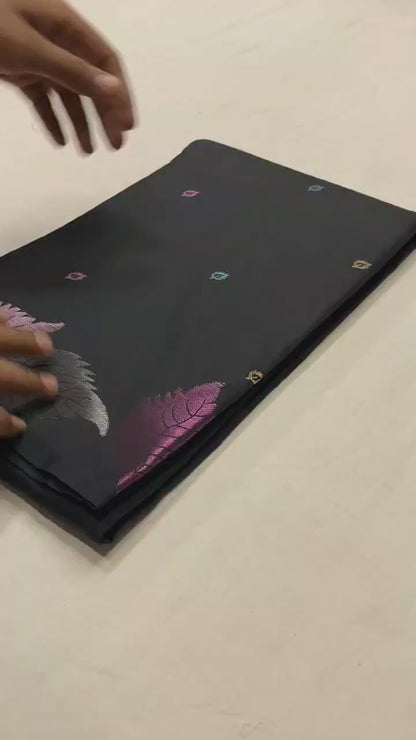 Pure Soft Silk Saree with Colorful Weaving and Leaf Panel Design