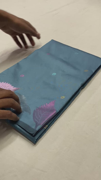 Pure Soft Silk Saree with Colorful Weaving and Leaf Panel Design