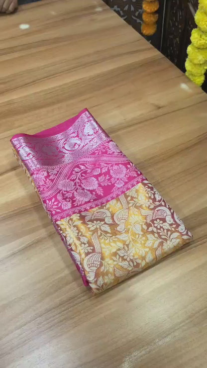 Kanjivaram Pattu Silk Saree with Pure Silver Zari Weaving, Contrast Border and Blouse for Women