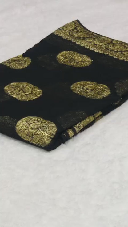 Women’s Pure Viscose Georgette Saree with Gold Zari Weaving, Zalar Pallu and Foil Mirror Work Blouse