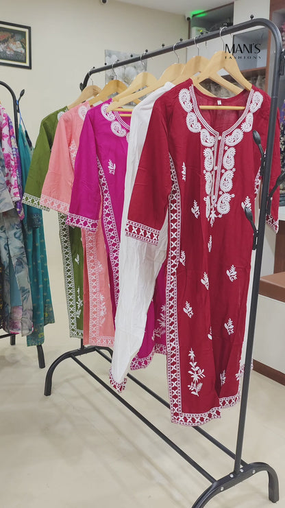 Designer kurti pant dupatta set for women in 14 kg rayon with cotton embroidery and chanderi silk dupatta