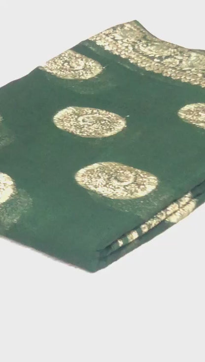 Women’s Pure Viscose Georgette Saree with Gold Zari Weaving, Zalar Pallu and Foil Mirror Work Blouse