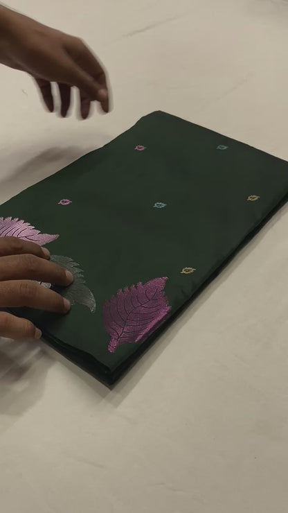 Pure Soft Silk Saree with Colorful Weaving and Leaf Panel Design