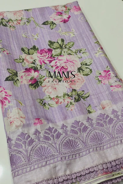 Handloom Tussar Silk Digital Print Saree with Embroidery, Lace Border, and Contrast Blouse