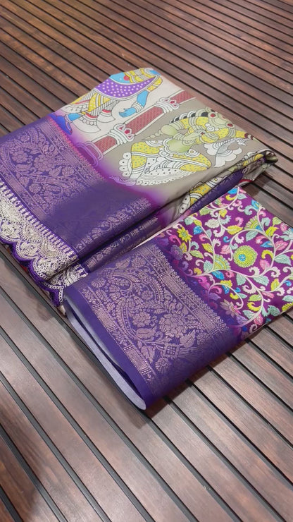 Dola Lichi Soft Silk Saree with Jacquard Jari Weaving, Pichwai Kalamkari Print and Sequins Lace Border