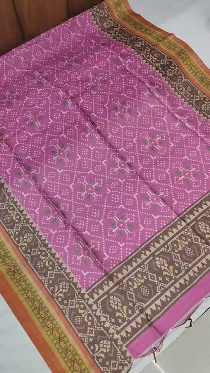 Soft Raw Silk Ikat Print Saree with Tassel Border and Contrast Blouse Piece