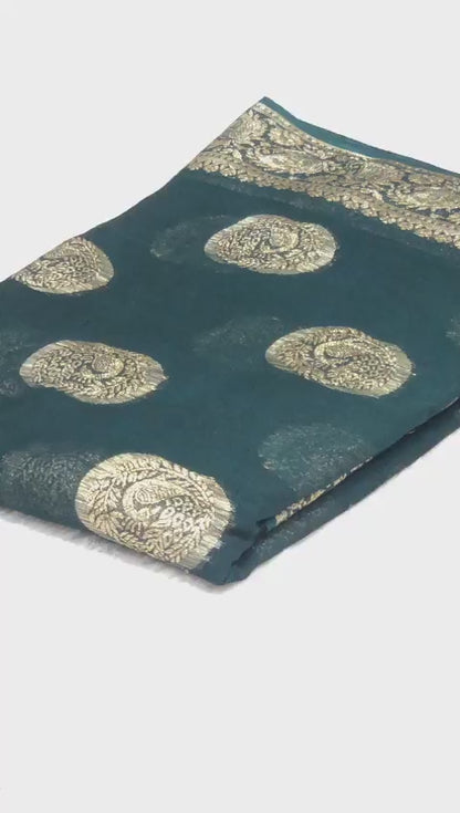 Women’s Pure Viscose Georgette Saree with Gold Zari Weaving, Zalar Pallu and Foil Mirror Work Blouse