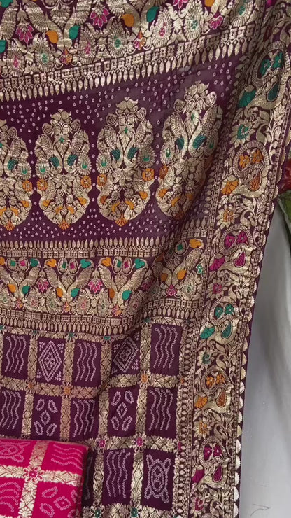 Viscose Silk Bandej Saree with Meenakari Weaving, Heavy Pallu and Lace Border – Festive Wear