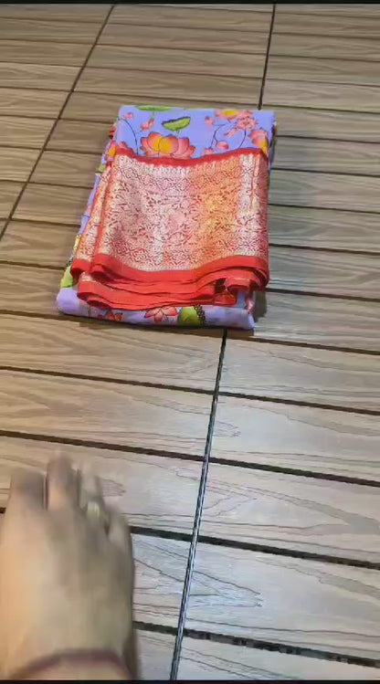 Kalamkari digital print Viscose Saree with weaving zari and gold viscose border.