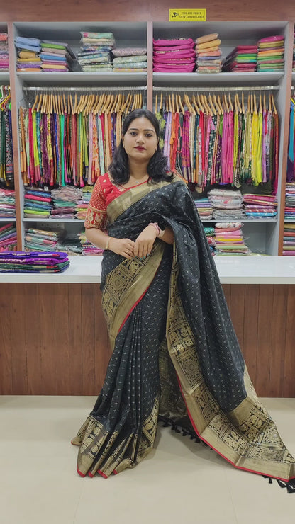 Soft Silk Saree with Rich gold Zari border and plus mark pattern elephant and peacock motifs