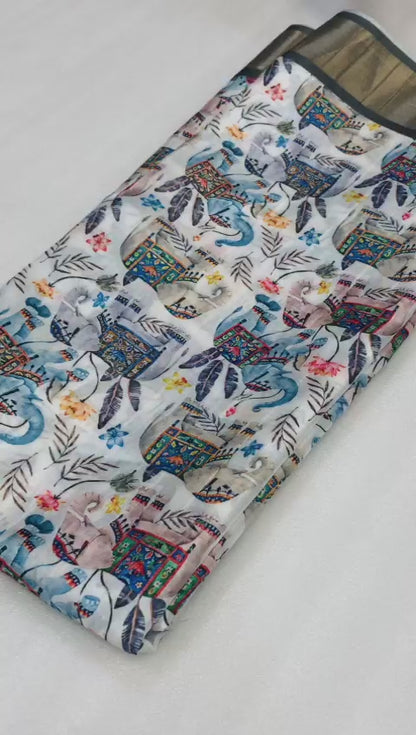 Mangalgiri Saree for Women with Kalamkari Print, Zari Weaving Border, Digital Pallu and Contrast Blouse Piece