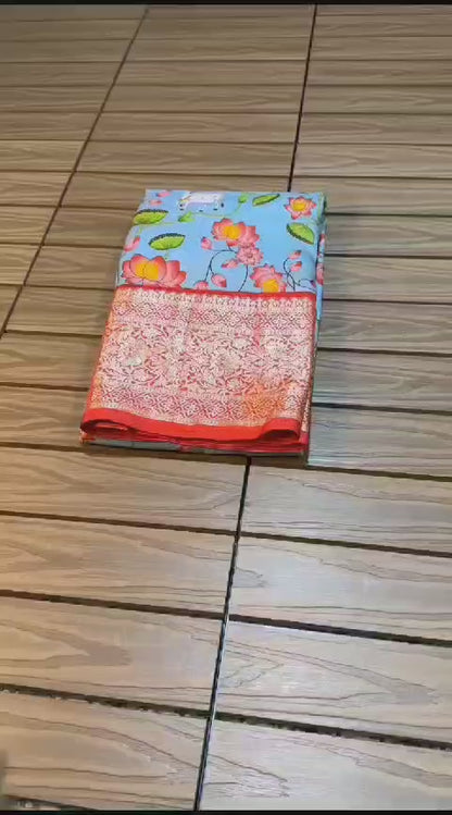 Kalamkari digital print Viscose Saree with weaving zari and gold viscose border.