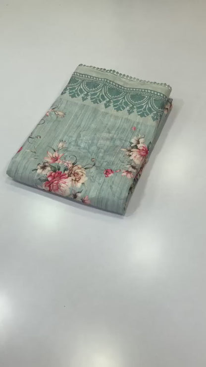 Handloom Tussar Silk Digital Print Saree with Embroidery, Lace Border, and Contrast Blouse