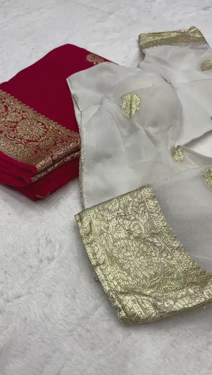 Women’s Pure Viscose Georgette Saree with Leaf Zari Design and Contrast Running Blouse