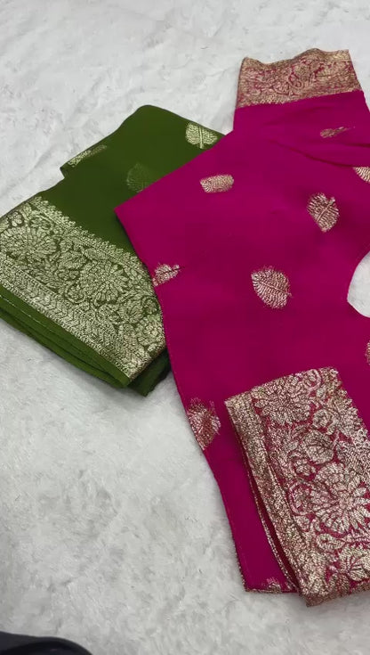 Women’s Pure Viscose Georgette Saree with Leaf Zari Design and Contrast Running Blouse