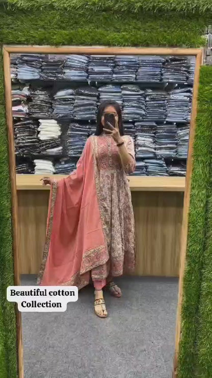 Pure Cotton Anarkali Suit Set with Hand Embroidery, Zari Weaving & Lace Dupatta – Sizes L to 3XL