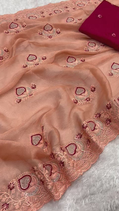 Fancy Simmar Chiffon Saree with Multi Zari Embroidery & Art Silk Butti Embroidery Blouse