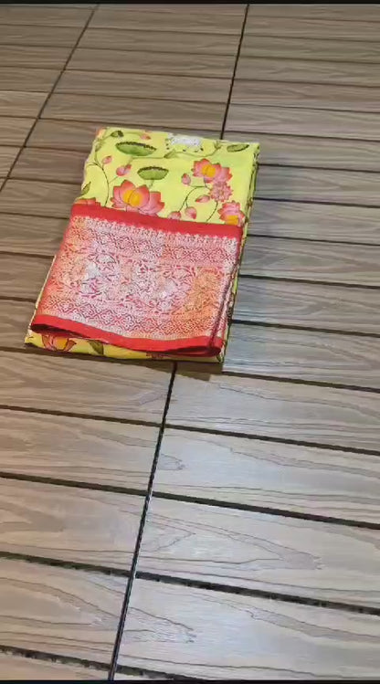 Kalamkari digital print Viscose Saree with weaving zari and gold viscose border.