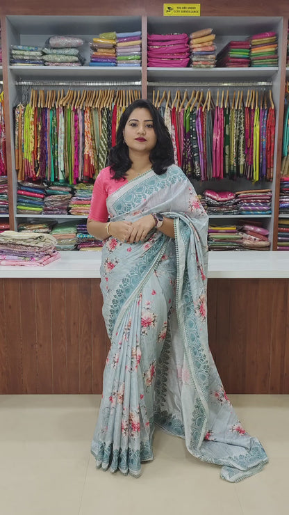 Handloom Tussar Silk Digital Print Saree with Embroidery, Lace Border, and Contrast Blouse