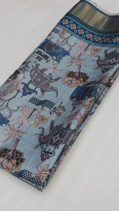 Mangalgiri Saree for Women with Kalamkari Print, Zari Weaving Border, Digital Pallu and Contrast Blouse Piece