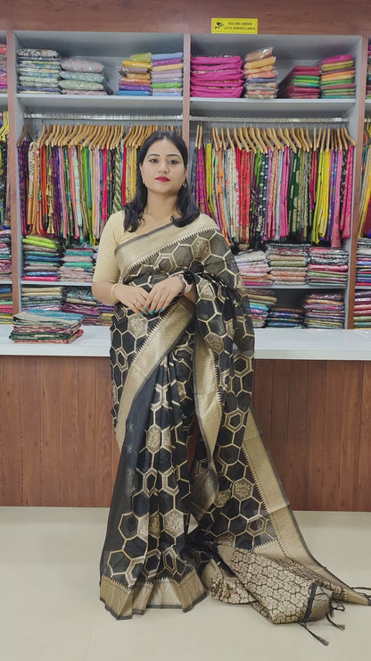 Organza Silk Zari Weaving Saree with Golden Butties, Silver Zari Pallu & Brocade Blouse