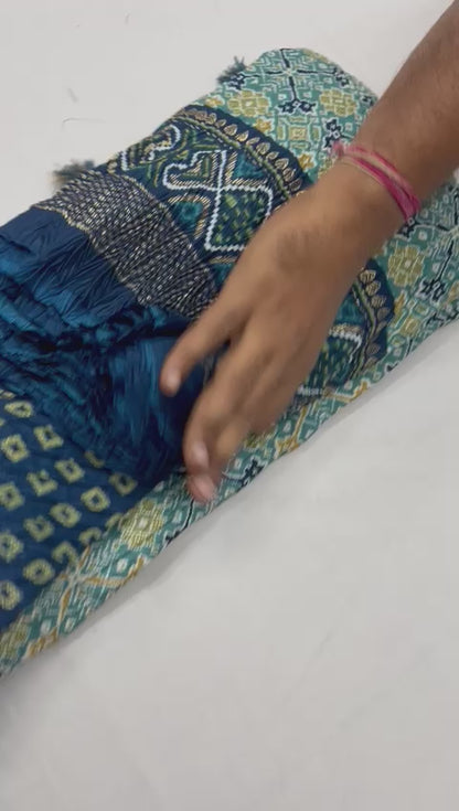 Soft Dola Silk Patola Print Saree with Foil Detailing, Tassel Pallu and Contrast Blouse for Women