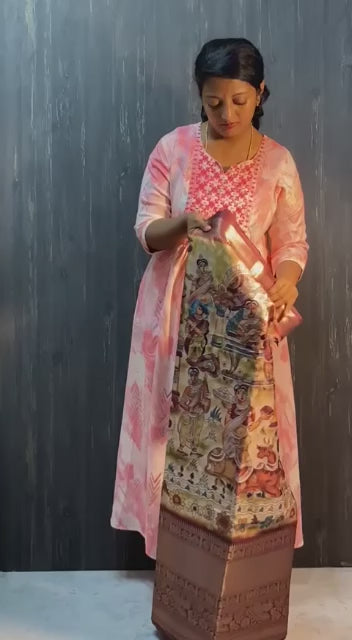 Banarasi Soft Silk Saree with Kalamkari Block Print and Zari Weaving – Party Wear for Women