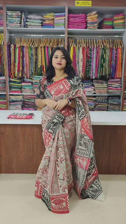 Madhubani Sohajpath Hand Block Print Saree on Begampur Zari Check Fabric – Festive & Wedding Wear