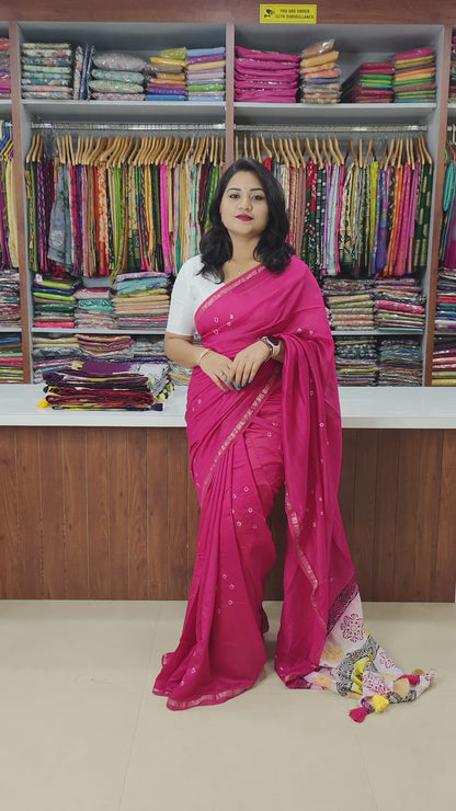 Chanderi Cotton Saree with Hand-Tied Bandhani and Block Printed Pallu – Festive Wear for Women