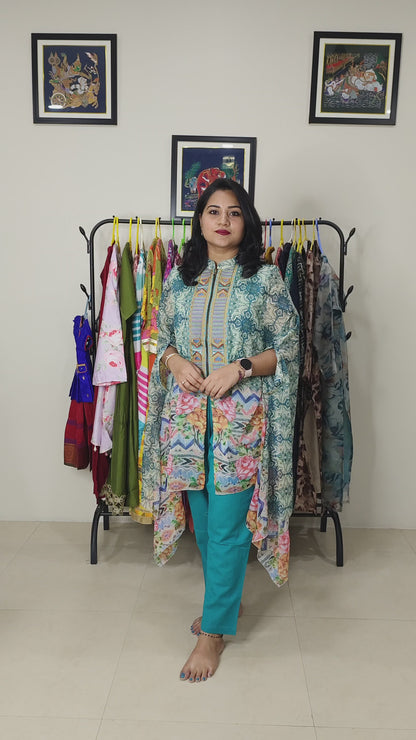 Cape-style printed chiffon top with cotton inner and linen cotton bottom – embroidered women’s festive co-ord set