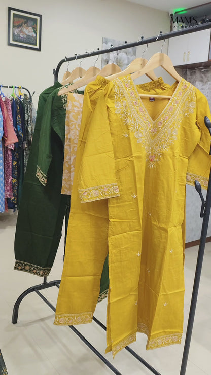 Heavy Chanderi Afghani Suit Set with Embroidery & Floral Print Organza Dupatta – Mahendi & Yellow – Sizes M & L