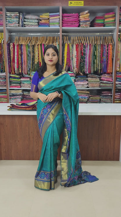 Soft Pochampally Silk Saree with Printed Multi-Butta Design and Contrast Running Blouse