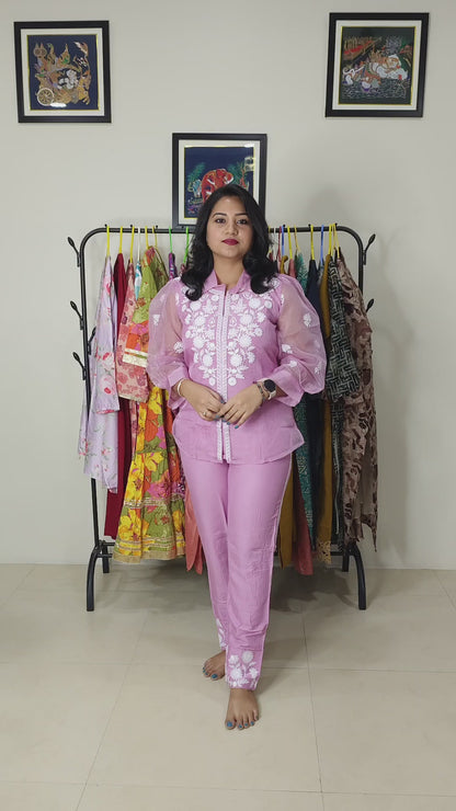 White Thread Embroidered Organza Kurta with Rayon Pant Set for Women