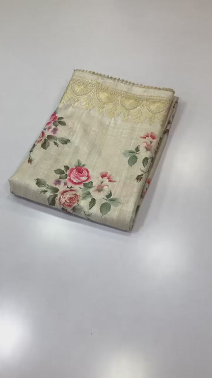 Handloom Tussar Silk Digital Print Saree with Embroidery, Lace Border, and Contrast Blouse