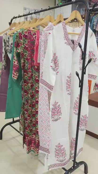 Pink and White Cotton Afghani Suit Set with Embroidery and Dupatta for Women